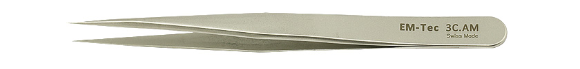Swiss made EM-Tec 3C.AM high precision tweezers, style 3C, short, very sharp fine tips, anti-magnetic stainless steel.