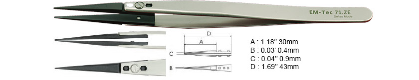 EM-Tec 71.ZE Pinzette mit ESD-sicheren, wechselbaren Keramikspitzen, spitz zulaufende Spitzen