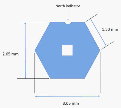 The aperture frames are made from silicon with a thickness of 200µm. Backside of the frame (larger opening) has a coating of 50nm silicon nitride. The unique hexagonal shaped silicon frame has been developed to facilitate easy handling