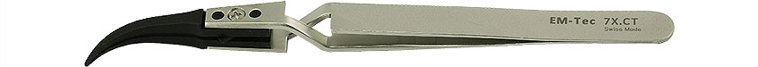 50-007087.jpg EM-Tec 7X.CT ESD safe carbon fiber replaceable tip reversed tweezers, fine curved tips