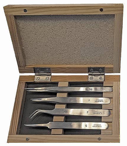 Value-Tec set of 4 general purpose tweezers, includes style 1, 3, 5, and 7 non-magnetic stainless steel in a wooden box