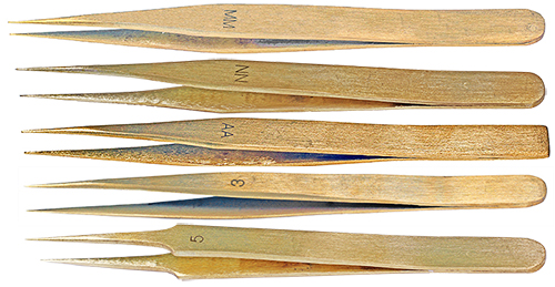Value-Tec B5 set of 5 general purpose brass tweezers, includes style 3, 5, AA, MM and NN in a plastic pouch