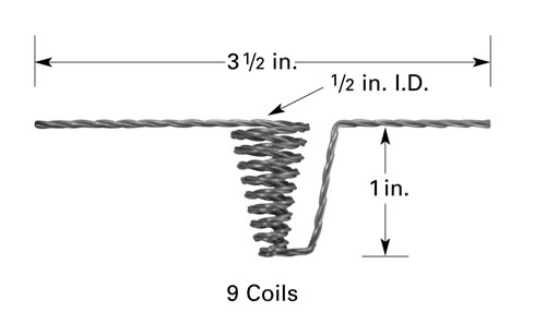 Wolfram Verdampferkorb B14, 25 mm H x Ø 12,7 mm ID, 9 Windungen, 89 mm Länge