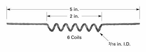 Evaporation filament F3 with 6 x Ø4.8mm ID coils, 127mm long, tungsten 