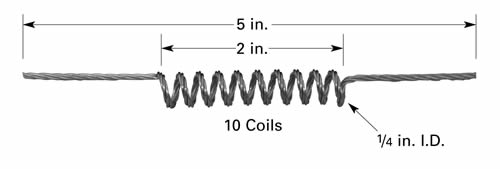 Evaporation filament F5 with 10 x Ø6.4mm ID coils, 127mm long, tungsten