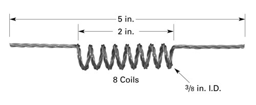 Evaporation filament F6 with 8 x Ø9.5mm ID coils, 127mm long, tungsten