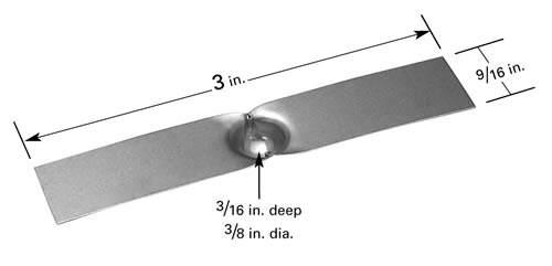 Evaporation boat S39 with Ø9.5 x 4.8mm dimple, 76mm L x 14mm W 