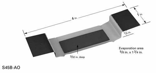 Aluminiumoxid beschichtetes Verdampfungsschiffchen S45B mit 16 x 44 mm unbeschichtetes Feld, gesenktes Mittelteil mit 56 x 25,4 x 3 mm Vertiefung, 102 mm L x 25,4 mm B