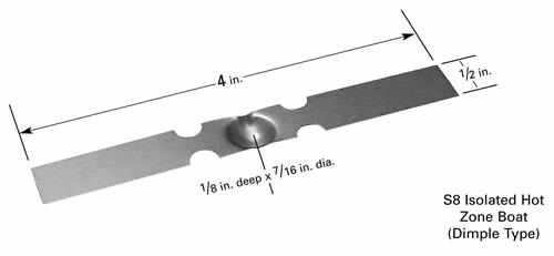 Evaporation boat S8B with Ø16x4.8mm dimple, 102mm L x 19mm W